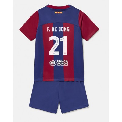 Otroški Nogometni dresi Barcelona Frenkie de Jong #21 Domači 2023-24 Kratek Rokav (+ Kratke hlače)